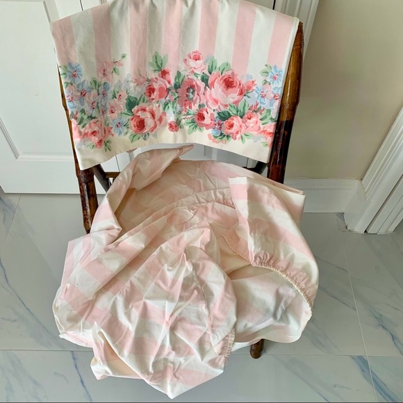 Vintage Westpoint Stevens TWIN fitted sheet + pillow case cabana stripe floral - Picture 3 of 7